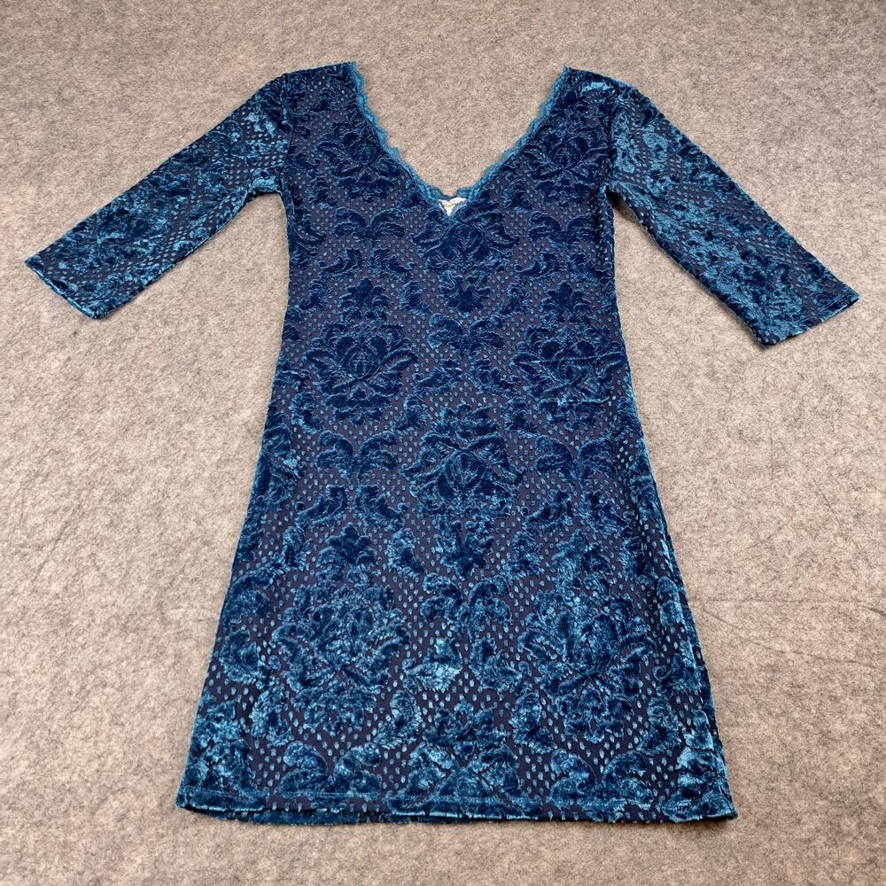 Intimately Free People Dress Womens Small Teal Blue Burnout Velvet Floral V Neck